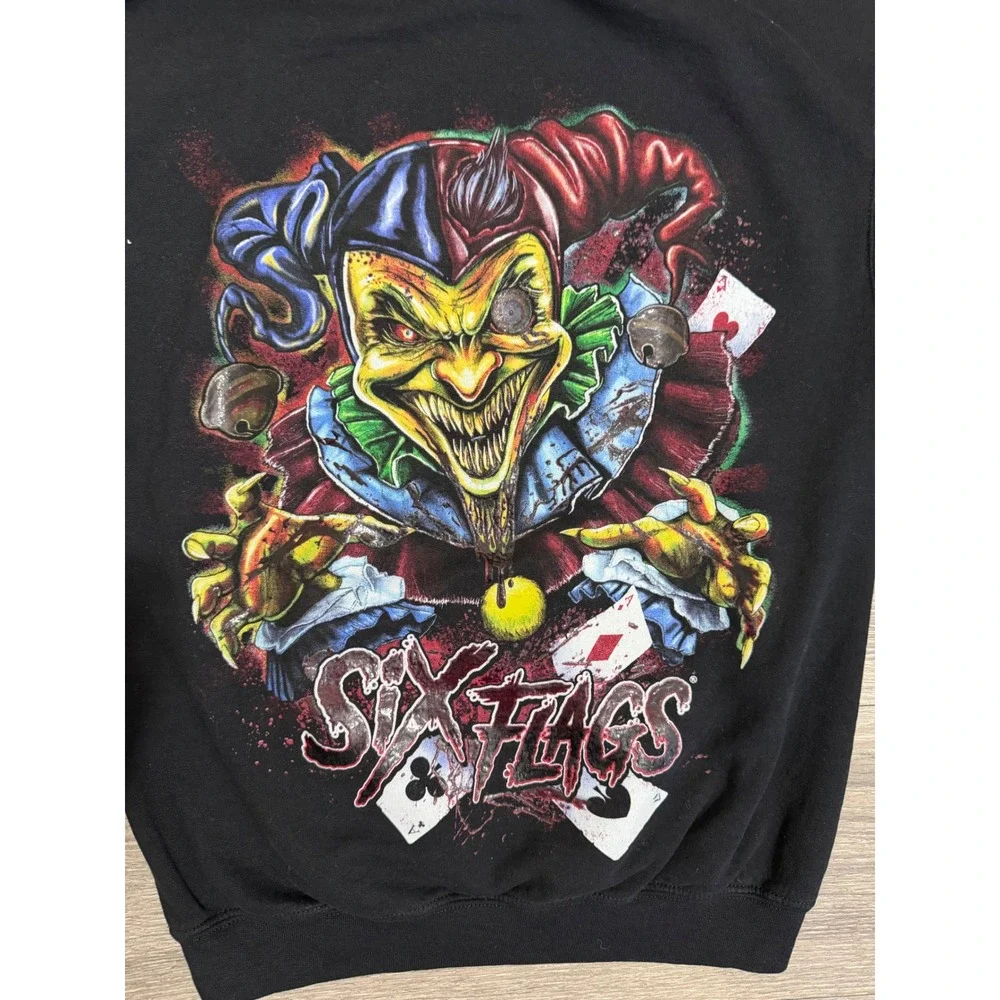 Six Flags Mens Sweater S Evil Jester Hoodie Black Fright Fest Clown Pullover